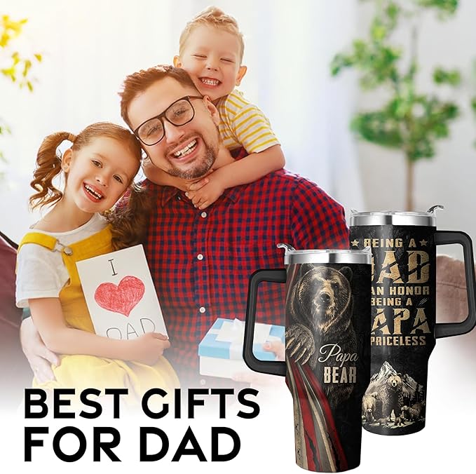 40 Oz Papa Bear Tumbler with Handle and Straw, Double Wall Stainless Steel Cup, 40 Oz Leak Proof Insulated Mug, Bear Gifts for Dad and Fathers Day Gift