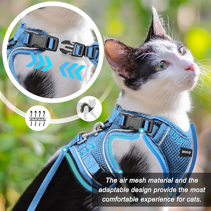 Cat Car Harness, Cat Harness and Leash Set, Soft and Breathable Vest with Reflective Strip, Anti Escape Adjustable Cat Harness, Easy to Wear for Cats Walking and Traveling, Blue, M