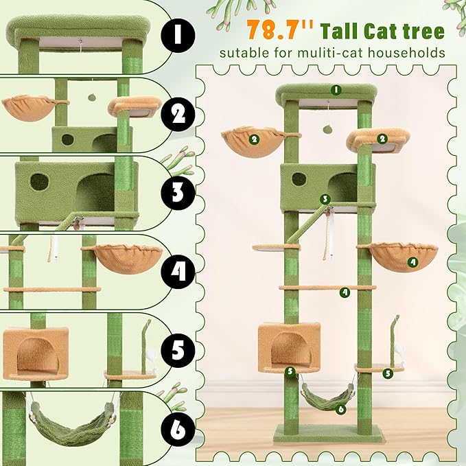 Cactus Cat Tree for Large Cats, 78.7"(200cm) Tall Cat Tower for Indoor Cats Multiple Cats with Large Top Perch, Cat Condo, Cat Hammcok, Cat Scratching Post,Green and Yellow GCT031GY