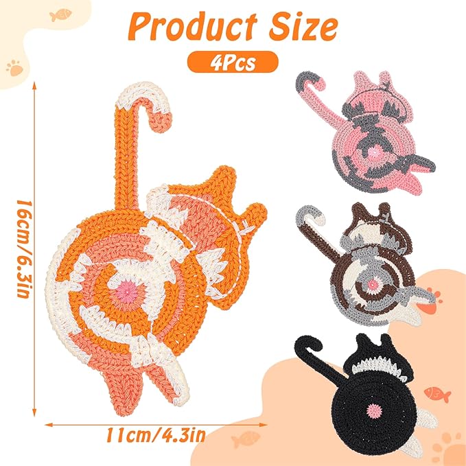 4Pcs Cute Coasters: Crochet Cat Gifts, Cute & Funny Coasters for Coffee & Tea Desk Gifts (4 Pack)