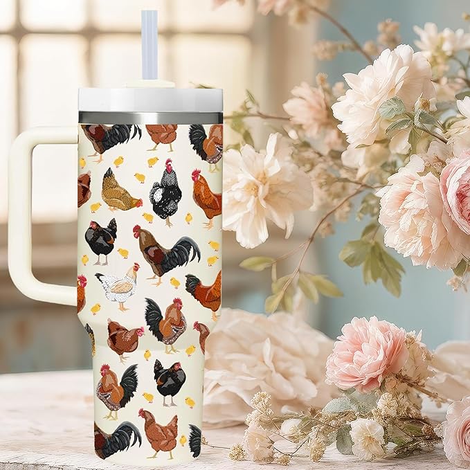 40 OZ Chicken Tumbler with Handle.Chicken Lover Gifts.Unique Birthday Christmas Gifts for Farmer Chicken Lover.Personalized 40 OZ Chicken Tumbler Gifts for Women Men.