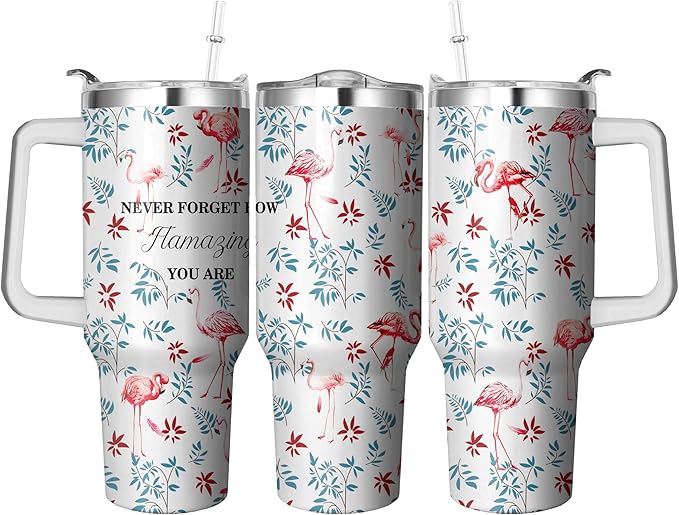 40 Oz Flamingo Tumbler with Handle and Straw, Flamingo Cup Double Wall Stainless Steel Flamingo Mug, Insulated Flamingo Coffee Cup, 40 Oz Flamingo Drinking Cup as Flamingo Gifts for Women