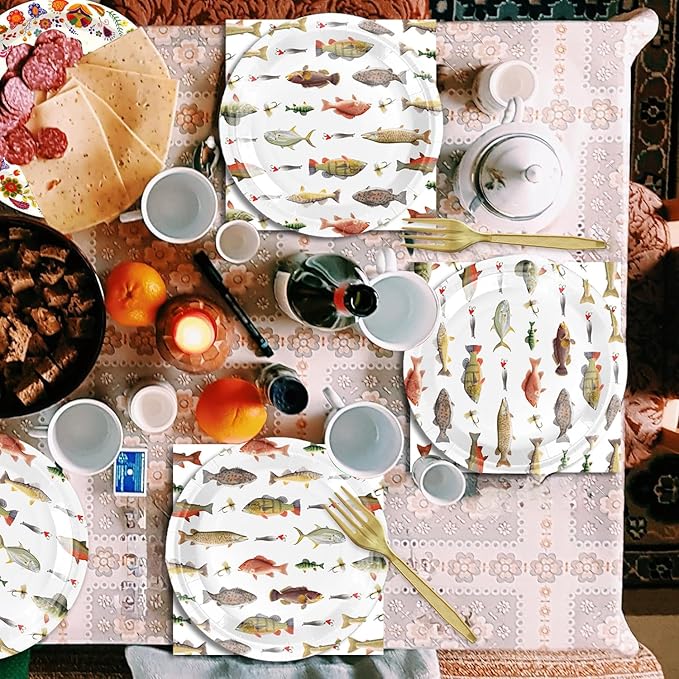 48Pcs Fishing Birthday Party Decorations for Men Women Fishing Party Decorations with Birthday Sign Baby Shower Forks Plates and Napkins Set SuppliesServe 16