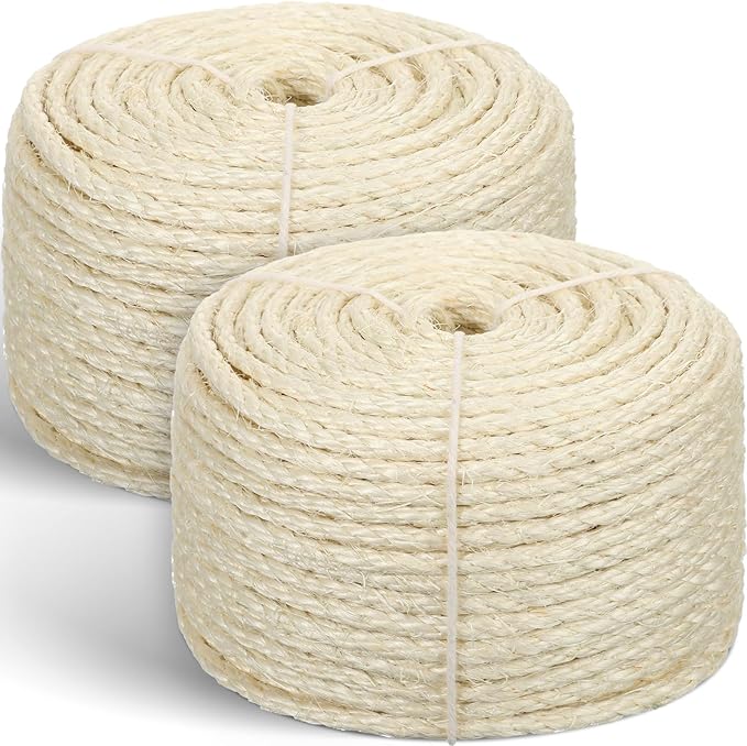 2 Sisal Rope for Cat Scratcher 1/4" x 400' in Total Cat Tree Rope Cat Scratching Post Rope Replacement Parts DIY Hemp Twine for Kitten Shelves Boards Furniture Indoor Cats Tower Carpet, White