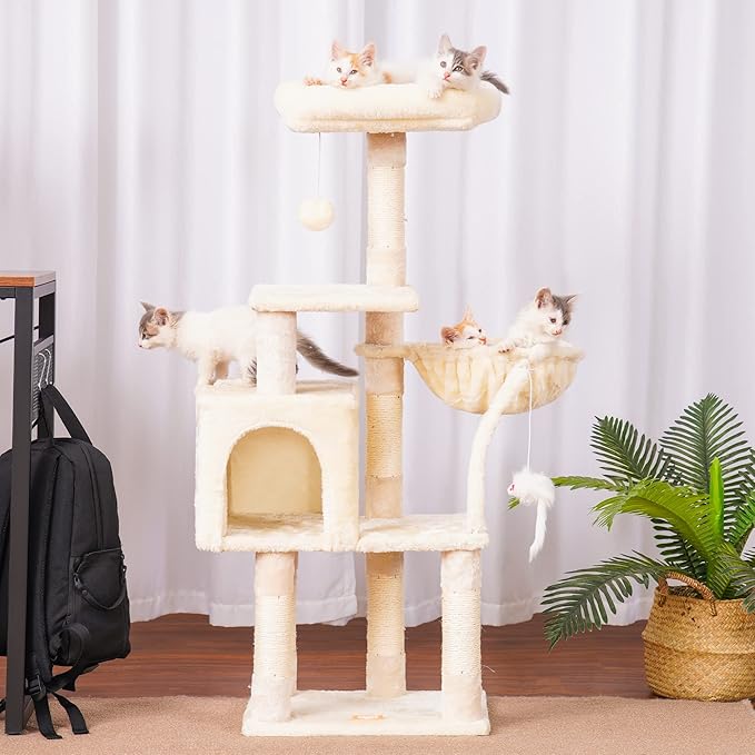 Heybly Cat Tree with Toy, Cat Tower condo for Indoor Cats, Cat House with Padded Plush Perch, Cozy Hammock and Sisal Scratching Posts, Beige HCT004SM