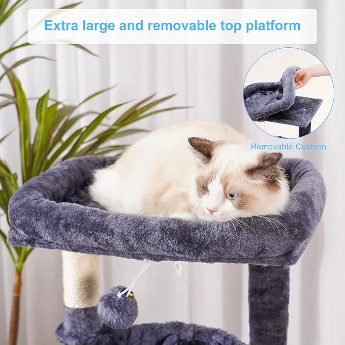 Hey-brother Cat Tree, Cat Tower for Indoor Cats, Cat House with Large Padded Bed, Cozy Condo, Hammocks, Sisal Scratching Posts, Big Scratcher, Smoky Gray MPJ006SG