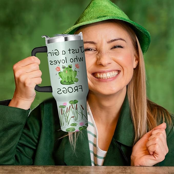 40 Oz Frog Tumbler with Handle and Straw, Double Wall Stainless Steel Insulated Coffee Mug, Leak Proof Cup, Gifts for Women and Frog Lovers