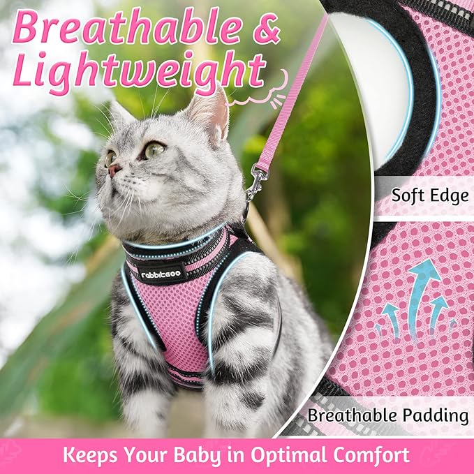 rabbitgoo Cat Harness and Leash Set for Walking Escape Proof, Adjustable Soft Kittens Vest with Reflective Strip for Cats, Comfortable Outdoor Vest, Pink, S