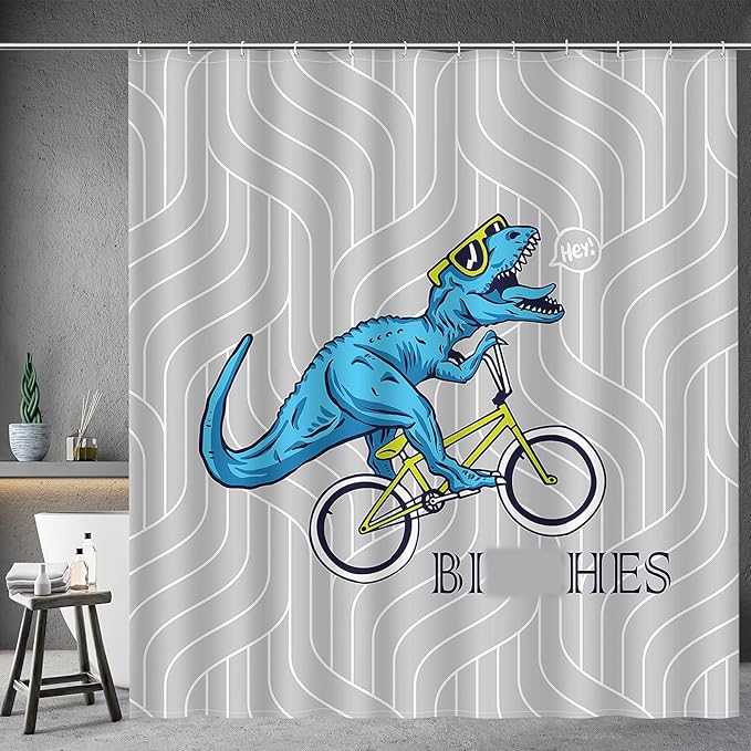 Aimego Funny Shower Curtain Blue Dinosaur Ride A Bike Pattern Cute Dino Pattern Shower Curtain Set with 12 Hooks for Bathroom Decor Accessories Bathtub Curtain, 72"x72"