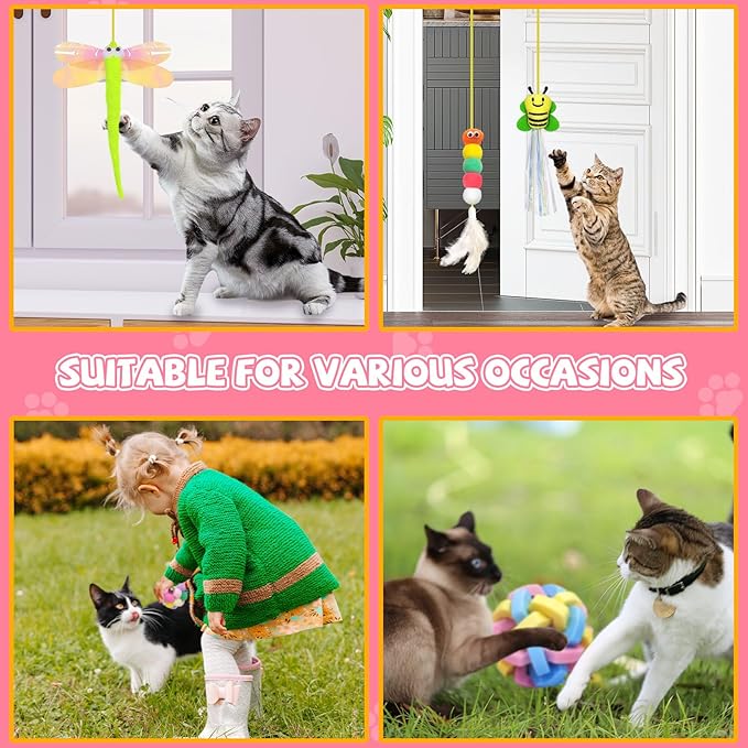 6pcs Door Hanging Cat Toys for Indoor Cats Self Play, Kitten Cat Toys for Bored Indoor Adult Cats, Cute Cat Ball Toy with Bell, Colorful Realistic Bee Dragonfly Caterpillar Interactive Cat Toy