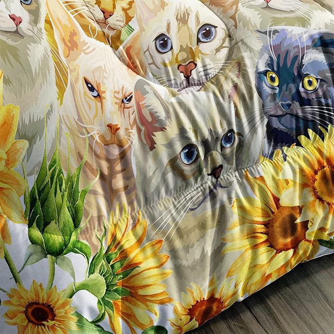 AILONEN Watercolor Cat Print Bedding Set Full Size with Sunflowers Comforter Set for Kids Boys Girls,Group of Cute Cats Soft Breathable White Tint Duvet Set 3 Pieces, 1 Quilt and 2 Pillowcases