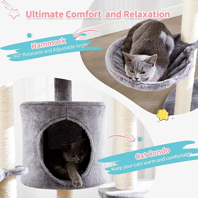 Made4Pets Cat Tree for Indoor Cats, 60.2 inch Large Cat Tower with Soft Hammock, 5-Level Tall Cat Condo, Sisal Scratch Posts, Pompoms, Carpet Covered Cat Climbing Furniture for Small Cats and Kittens