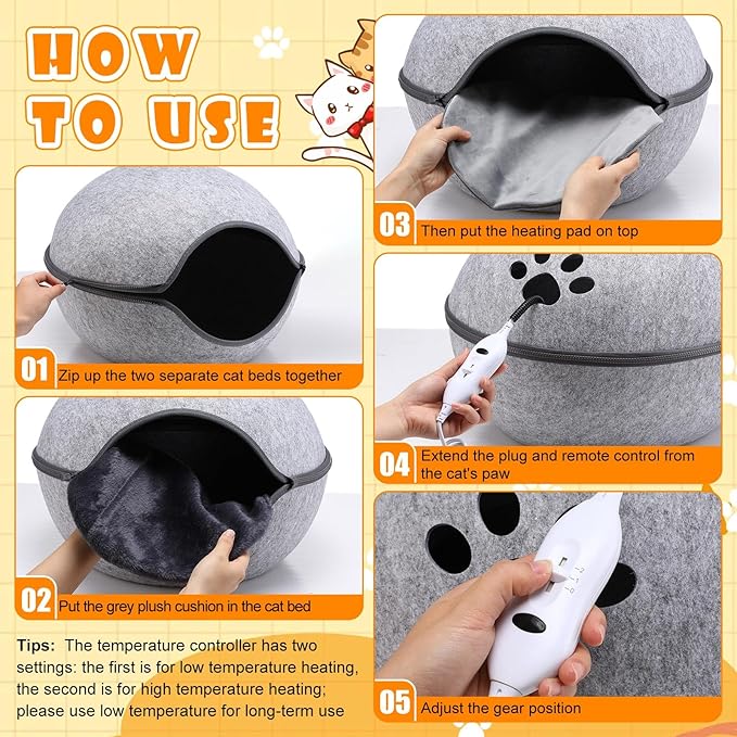 18.1 Inch Heated Cat Bed, Indoor Heated Cat Cave, Heated Cat Pad Cat Bed Warmer Thermal Pet Bed with Removable Waterproof Heater for Kitty Small Dogs Gray