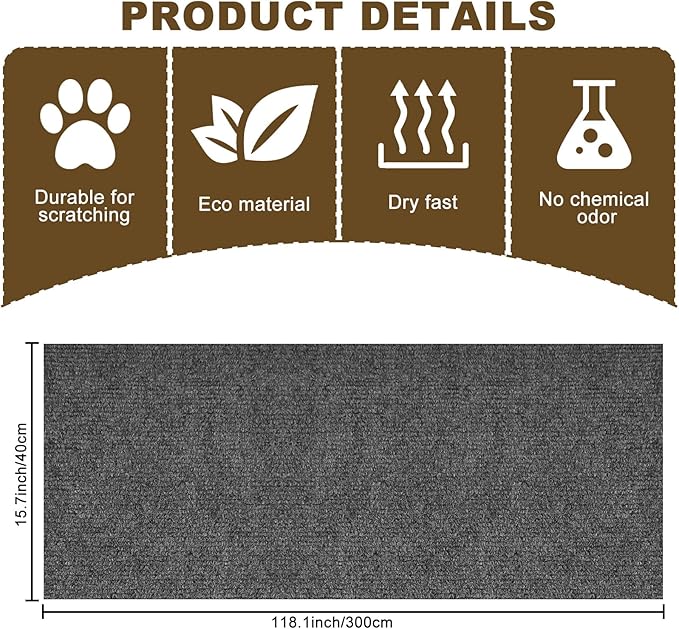 118”x15.8” Trimmable Cat Scratching Post Carpet Cover Cat Scratcher Mat Self-Adhesive Cat Tree Shelves Replacement Parts Mat Cat Scratcher for Cat Shelves Steps Couch Furniture DIY Protector