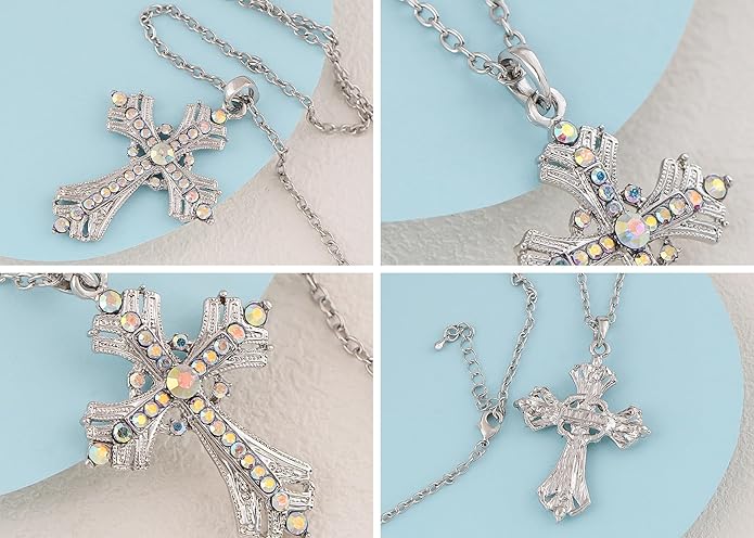 Alilang Silvery Tone Religious Cross Pendant Necklace w/Aquamarine Blue Or Clear Crystal Rhinestones