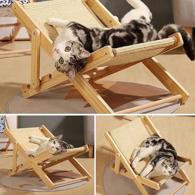 HUATOL Cat Sisal Chair, Adjustable Elevated Cat Chair Bed, Relaxation Cat Bed with Durable and Non-Shedding Sisal Scratcher, Wood Elevated Cat Beds for Outdoor Indoor Cats Lounge Bed.