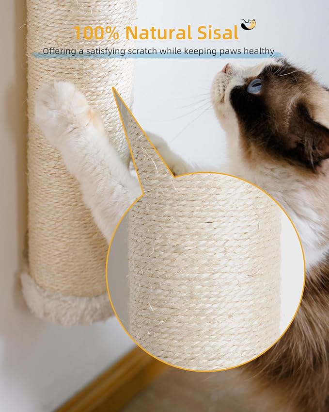 Cat Wall Scratcher, 34" Sisal Cat Scratching Post, Wall Mounted Cat Furniture for Indoor Cats, Tall and Sturdy Cat Climbing Pole for Large Cats