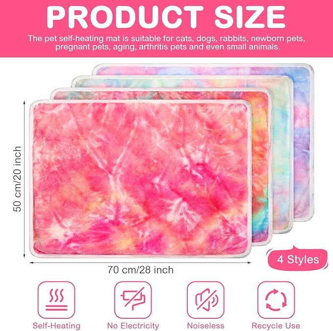 4 Pack Self Heating Cat Bed Cat Self Warming Pad with Removable Cover Extra Warm Thermal Pet Pad Washable Pet Crate Mat Anti Slip Kennel Pad for Indoor Outdoor Pets (Tie Dye,20 x 28 Inches)