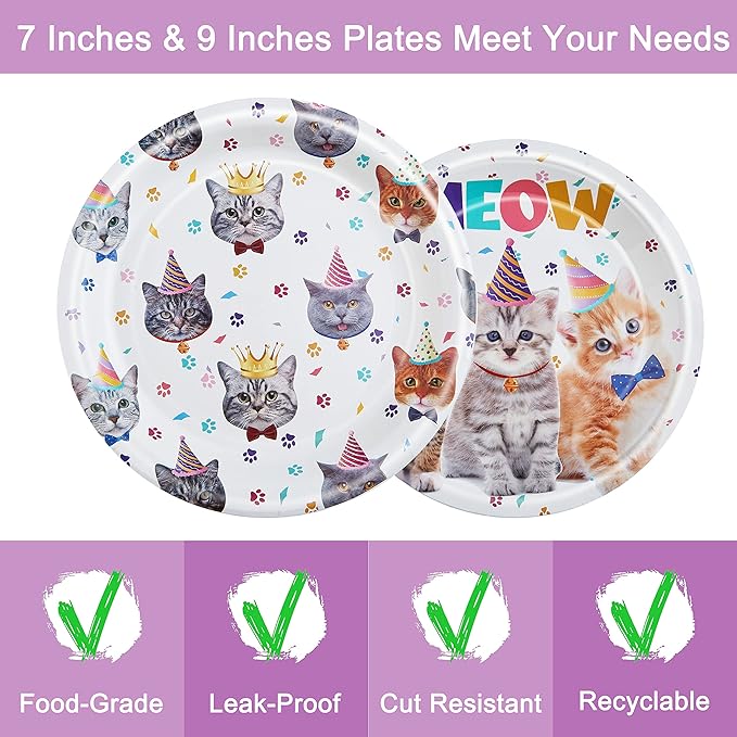 96 Pcs Cat Birthday Party Plates Napkins Forks Supplies Tableware Set Disposable Paper Cat Theme Decoration for Kids Birthday Party, Serves 24 Guests