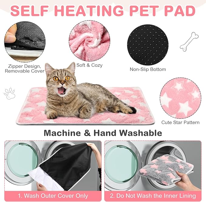 4 Pack Self Heating Cat Bed Cat Self Warming Pad with Removable Cover Extra Warm Thermal Pet Pad Washable Pet Crate Mat Anti Slip Kennel Pad for Indoor Outdoor Pets(Star,16 x 20 Inches)