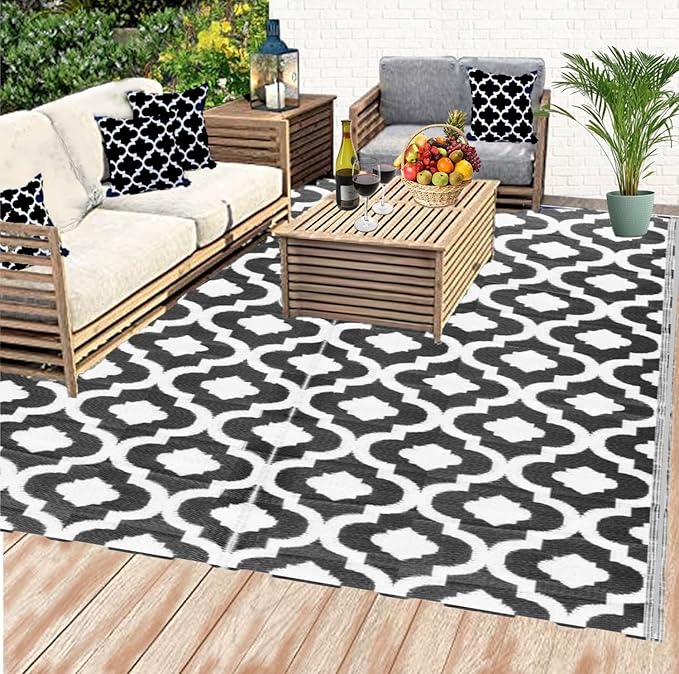BalajeesUSA rv mats Outdoor Rug – 9x12, Black Reversible Recycled Plastic Straw Outdoor Patio Rugs Clearance Waterproof Large RV Camper Mats 514