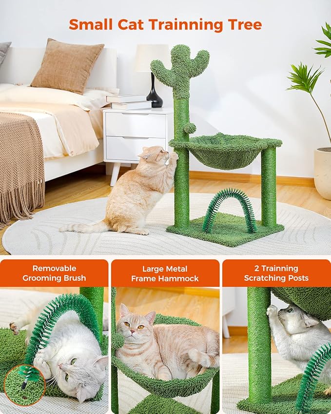 Cactus Cat Tree for Medium Cats with Arch Cat Self Groomer and Hammock, Cat Scratching Post for Indoor Kitten with Dangling Ball and Full Wrapped Natural Sisal Rope,Green