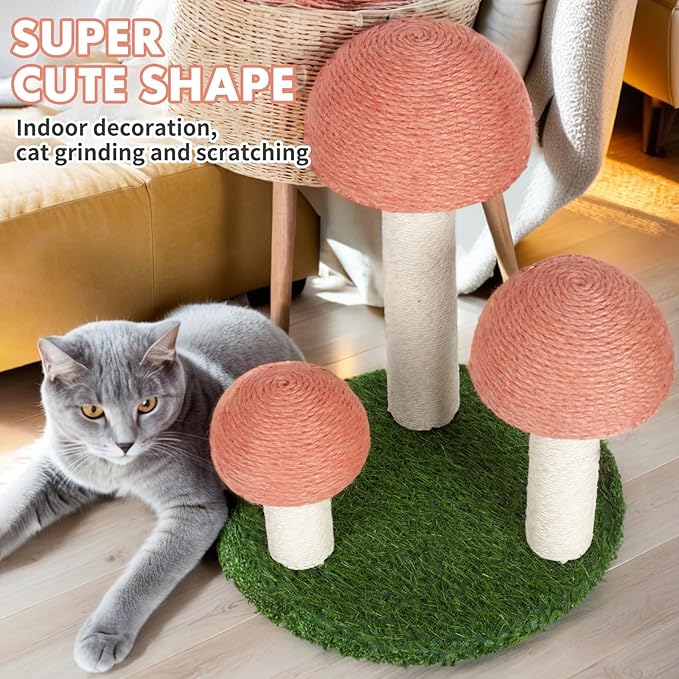PowerKing Cat Scratching Post, Mushroom Claw Scratching Post for Cat, Natural Sisal Cat Scratchers with 3 Mushroom Pole, Cat Interactive Toys