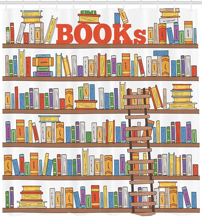 Ambesonne Modern Shower Curtain, Library Bookshelf a Ladder Campus Life Caricature Illustration, Cloth Fabric Bathroom Decor Set with Hooks, 69" W x 84" L, White Coral Multicolor