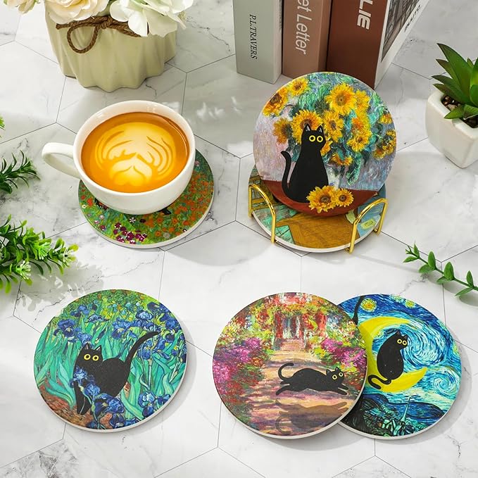 6Pcs Black Cat Painting Coaster Floral Animal Ceramic Coaster Cute Flower Absorbent Cup Mat for Spring Home Kitchen Party Table Decor