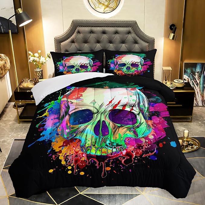 AILONEN Skull Comforter Set for Teen Boys, Skull Pattern Printed Bedding Sets,Skeleton Theme Bed in a Bag Quilted Duvet Queen Size,1 Comforter 2 Pillowcases 3 Piece