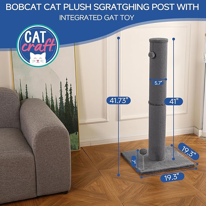 Cat Craft Bobcat Cat Scratching Post for Indoor Cats, Tall Cat Scratch Post, Carpet Cat Scratching Post with Replaceable Toys, Sturdy Base, Large, Gray