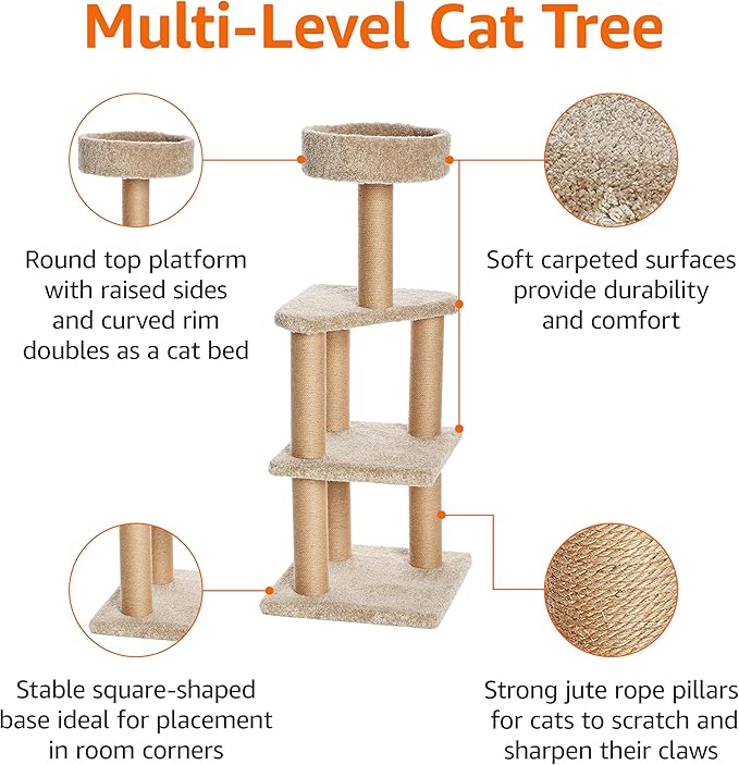 Amazon Basics - Cat Tree Indoor Climbing Activity Tower with Scratching Posts, multi-level, Large, 17.7" x 45.9", Beige