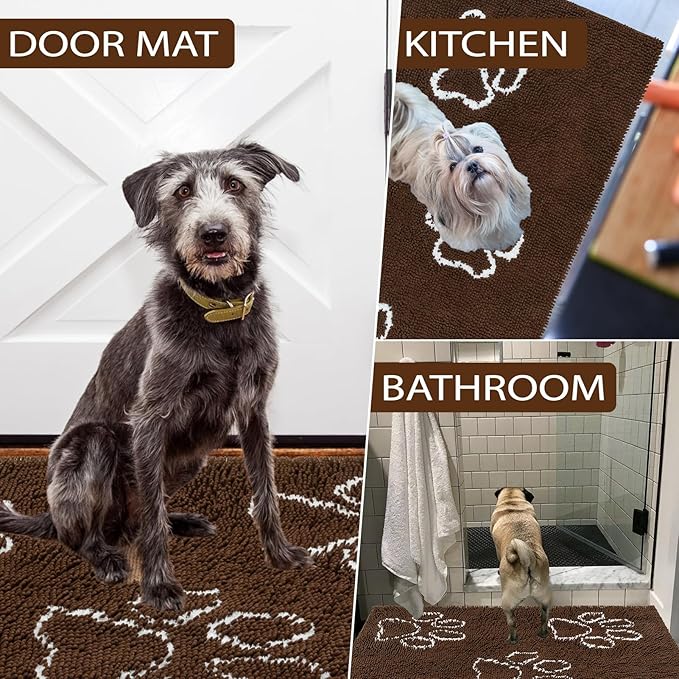 EXPAWLORER Dog Door Mat for Muddy Paws - Highly Absorbent Microfiber Dog Rug, Soft Chenille Dog Runner Rug Indoor Outdoor Floor, Non-Slip Large Pet Paw Cleaning Washable Mud Mat for Bathroom, Brown