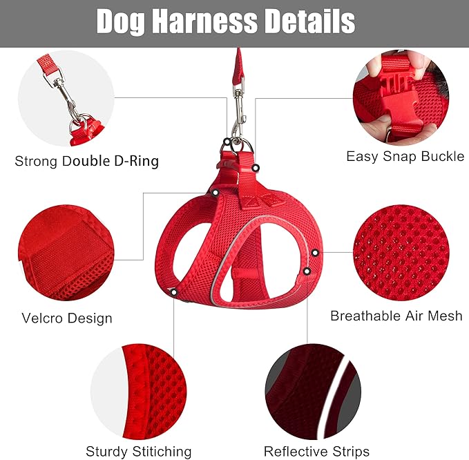 PetiFine Step in Small Dog Harness and Leash Set, Breathable All Weather Air Mesh Reflective Escape Proof, Step-in Vest Harnesses for Puppy(XS, Red)