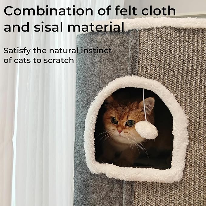 3-Level Cat House for Indoor Cats, Large Adult Cat Cave Bed Cats Cube House with Scratch Pad Cat Towers, Cute Kitten Condo Hideaway Hut with Soft Pillow Mat for Multi Pets Under 50 lbs