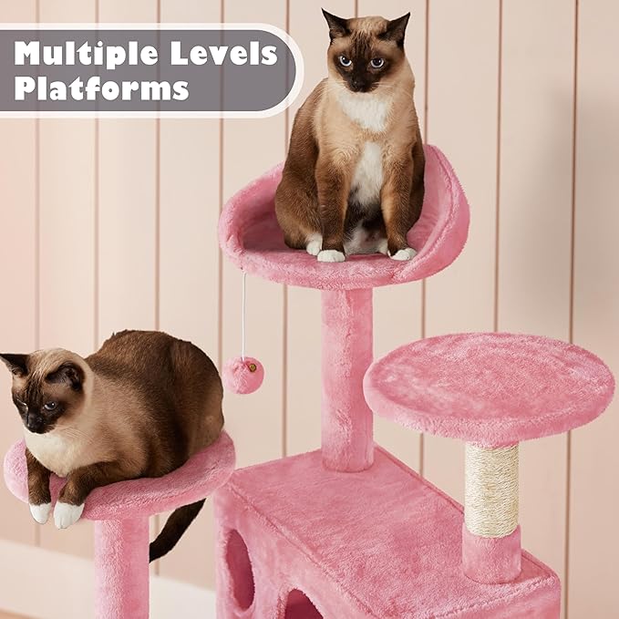 Yaheetech 54in Cat Tree Tower, Multi-Level Cat Tree for Indoor Cats with Scratching Posts, Dangling Balls Cat Play House, Pink