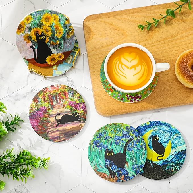 6Pcs Black Cat Painting Coaster Floral Animal Ceramic Coaster Cute Flower Absorbent Cup Mat for Spring Home Kitchen Party Table Decor