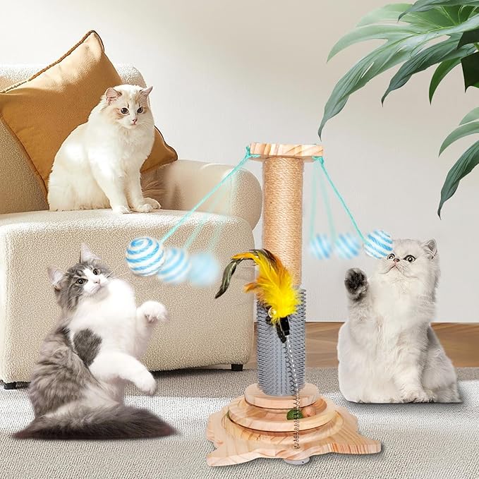 Cat Scratching Post, 6 in 1 Cat Scratcher for Indoor Cat, 18.11" Tall Cat Climbing Pole with Removable Cat Teaser, Interactive Cat Toy with Two Sisal Balls, Natural Sisal, Wood Base