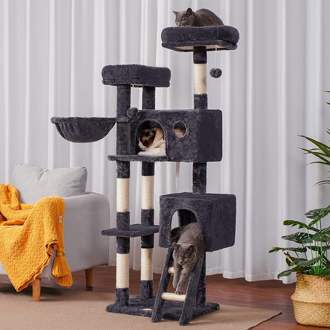 Heybly Cat Tree, Cat Tower for Indoor Cats,Multi-Level Cat Furniture Condo for Large Cats with 2 Padded Plush Perch, Cozy Basket and Scratching Posts HCT023G