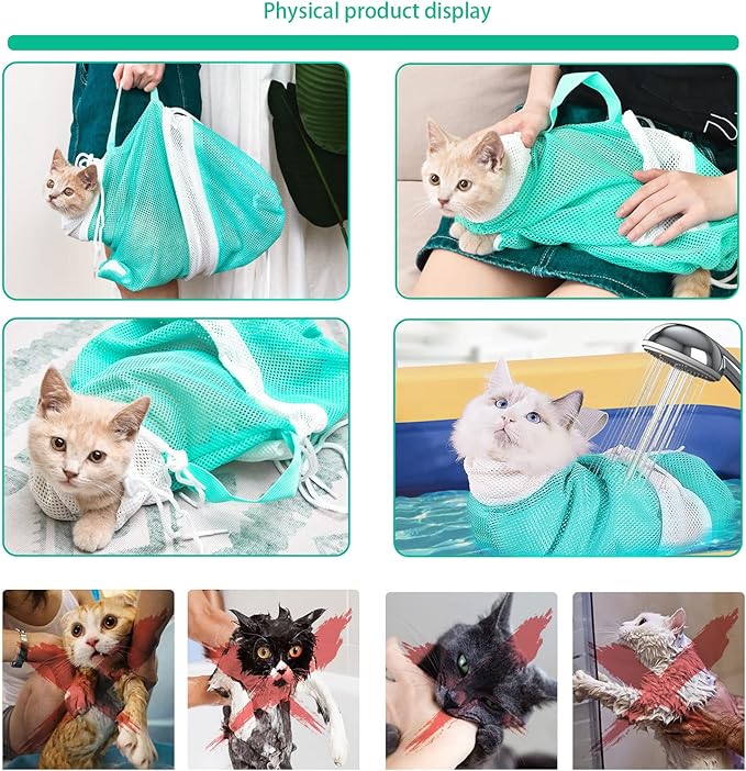Adjustable Multifunctional Anti-Bite Shower net Bag，Cat Grooming Mesh Bag, Cat Bathing Bag，Cat Bath Brush and Cat Nail Clipper(A-Green)