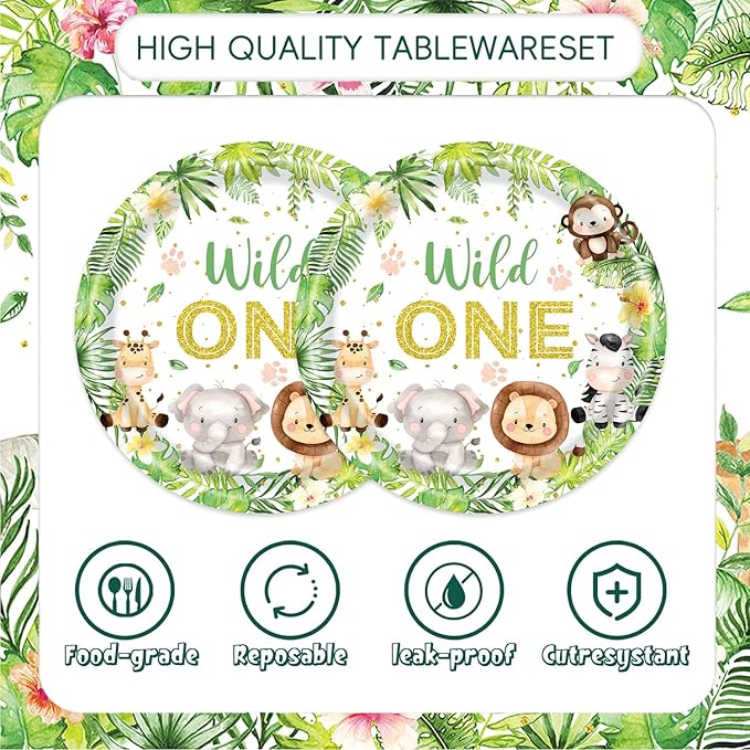 48Pcs Wild One Birthday Decorations Jungle Safari Theme Tableware Set Wild Animals Disposable Plates Napkins Forks Serves 16 Safari Baby Shower Decorations