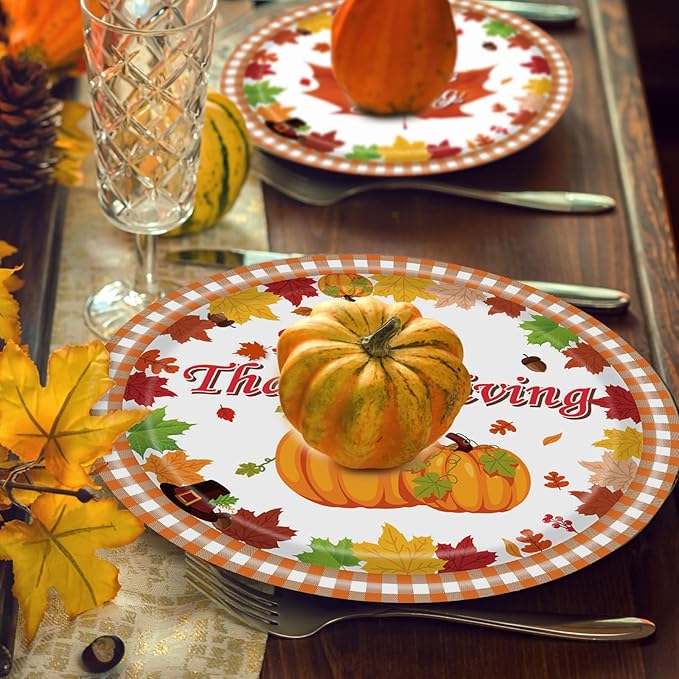 96 Pcs Thanksgiving Plates and Napkins - Pumpkin Maple Leaf Theme Party Supplies Disposable Paper Tableware for Thanksgiving Decor Fall Dinnerware Set Serves 24 Guests