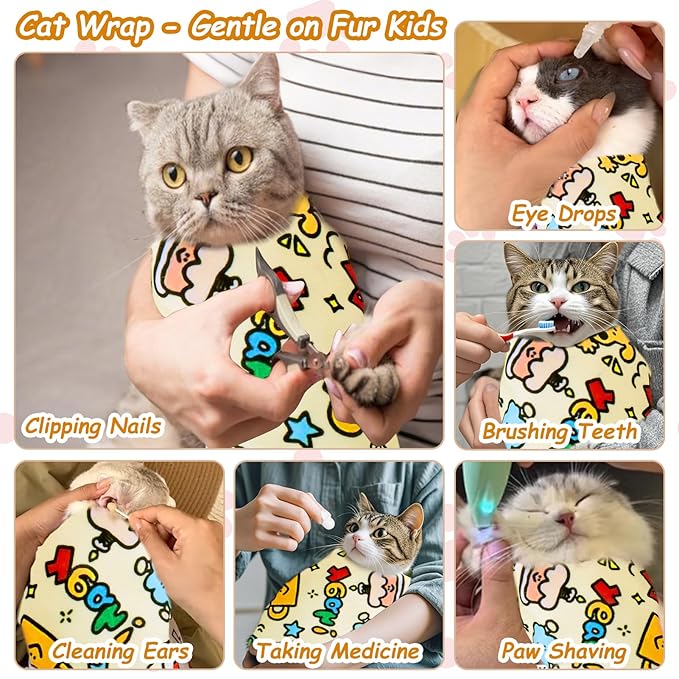 BABORUI Cat Grooming Wrap for Cutting Nails - Self-Adhesive Cat Swaddle Wrap with Nail Clipper Nail Cover, Anti-Scratch Cat Burrito Wrap for Nail Trimming, Cat Grooming Supplies