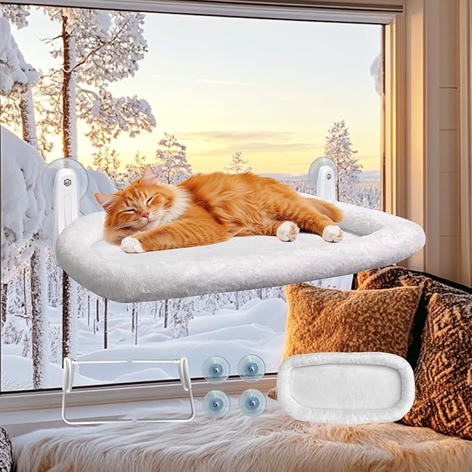 L&W BROS. Cat Window Perch Cat Hammock with 4 Suction Cups Easy to Assemble 20.5"x 11.2" Cat Window Bed for Large Heavy Cats Indoor(M 1Pc with Bed)