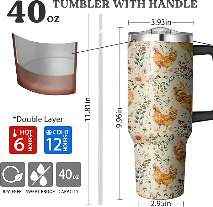40 Oz Chicken Tumbler with Handle and Straw, Double Wall Stainless Steel Mug, Insulated Rooster Cup Gifts for Chicken Lovers, Travel Mug