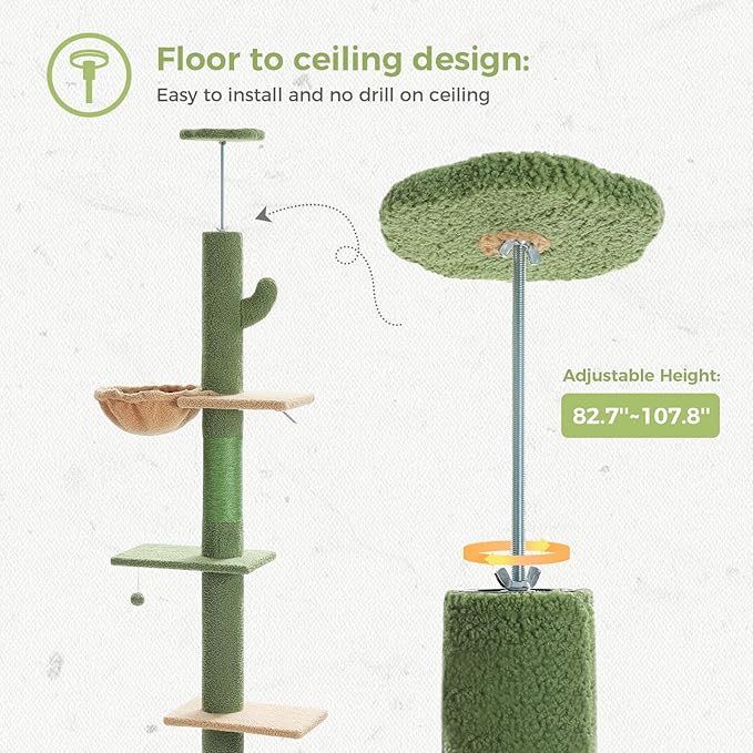 PETEPELA Floor to Ceiling Cat Tree, Cat Tower 5 Tiers Tall (83-108 Inches) Adjustable Height, Cat Climbing Tree Featuring with Cat Condo, Cat Scratching Post and Cat Perches for Indoor Cats, Green