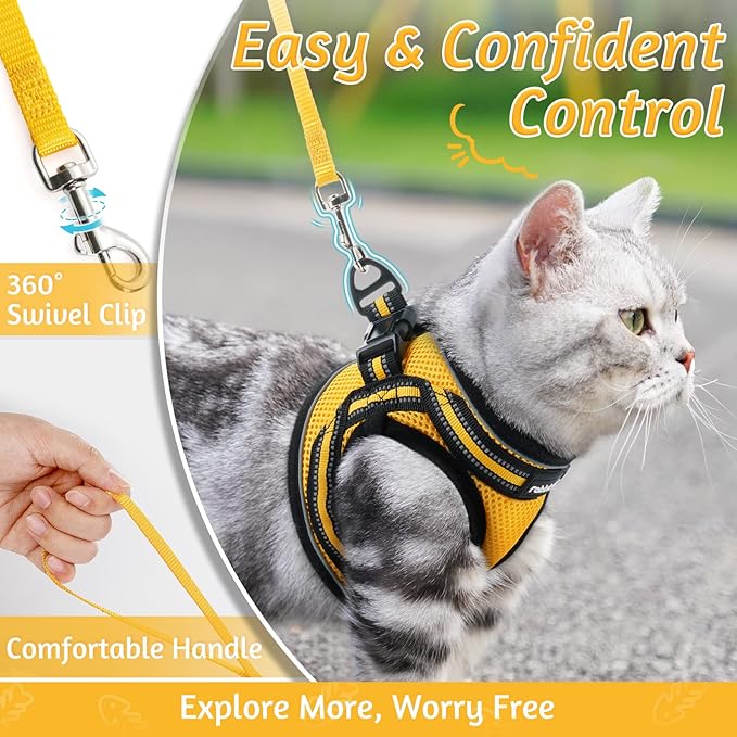 rabbitgoo Cat Harness and Leash Set for Walking Escape Proof, Adjustable Soft Kittens Vest with Reflective Strip for Cats, Comfortable Outdoor Vest, Lemon Yellow, M