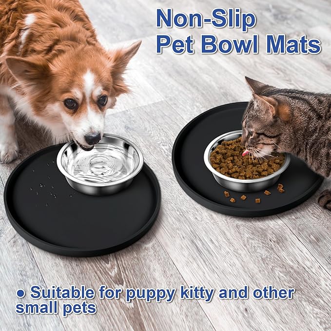 Arespark Pet Silicone Food Mat, Set of 4 Nonslip Waterproof Feeding Bowl Mat with Raised Edges for Food and Water Prevent Spills, Round Eating Tray for Dog Cat Puppy Kitten, 10'' x 10''