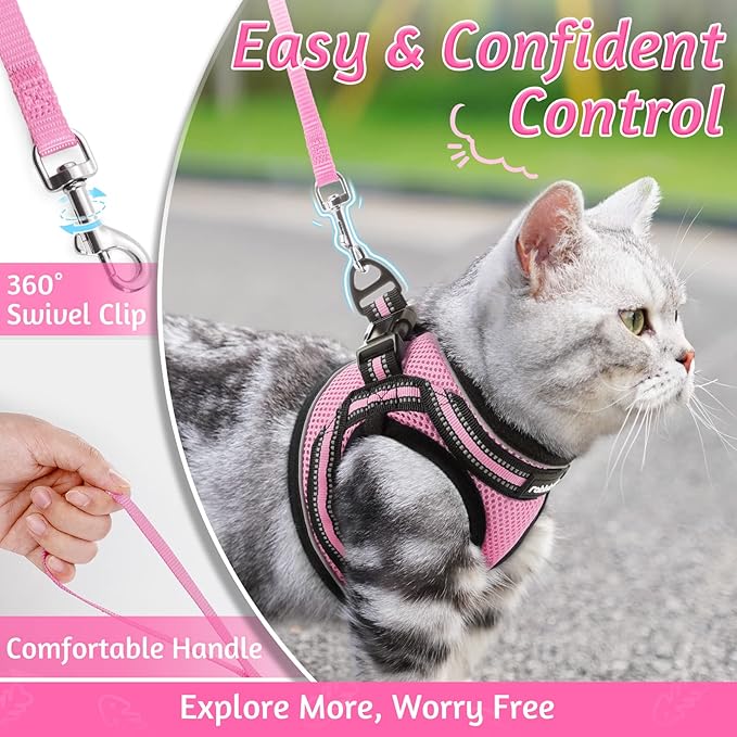rabbitgoo Cat Harness and Leash Set for Walking Escape Proof, Adjustable Soft Kittens Vest with Reflective Strip for Cats, Comfortable Outdoor Vest, Pink, S