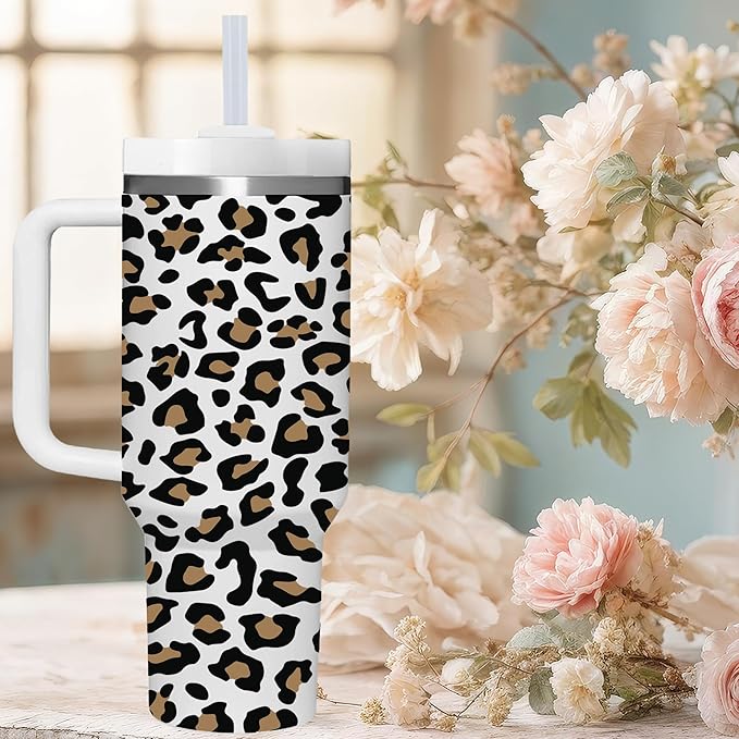 AMZUShome 40 OZ Leopard Print Tumbler with Handle.Leopard Print Lover Gifts.Unique Birthday Christmas Gifts for Leopard Print Lover.Personalized 40 OZ leopard print Tumbler Gifts for Women Men.
